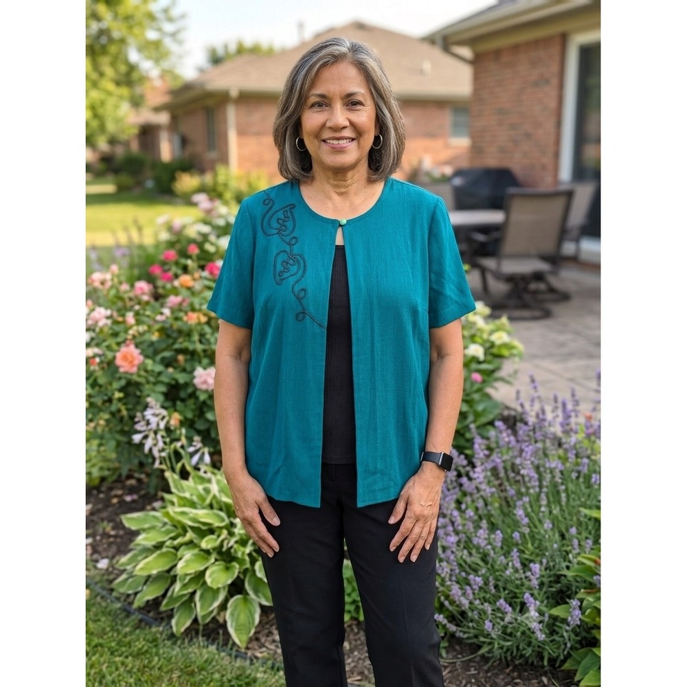 Alfred Dunner Womens 18W Teal Blue Embroidered Mock Layered Short Sleeve Top
